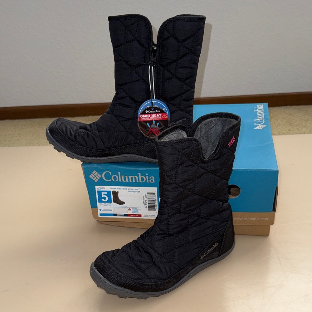 Columbia Youth Minx Slip Omni-Heat Waterproof Black Quilted Winter Boots NWT